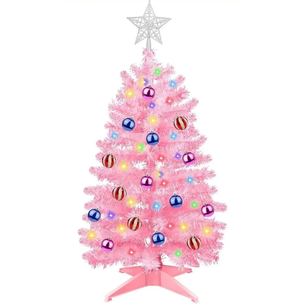 3FT Pink Christmas Tree Tinsel Fariy LED Ornament Battery Xmas Table Decor s3